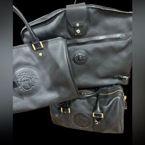 RARE Vintage Versace Black on Black Leather Medusa Travel / Garment / Suit Bag